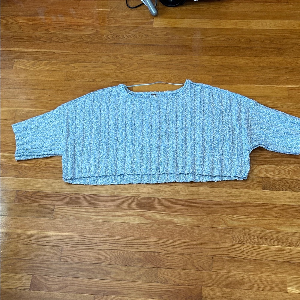 Free People Bouclé Knit Pullover in Sky Blue and White